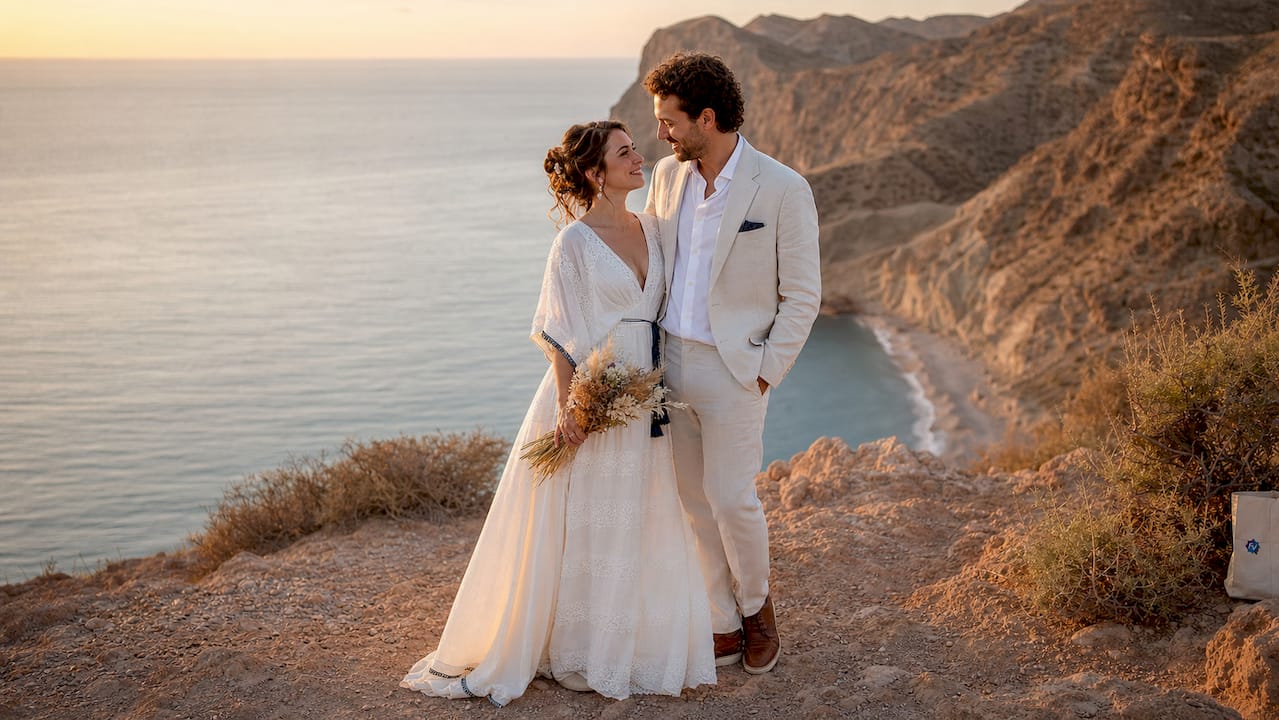 Sesión de fotos de boda en la playa de Almería con una pareja