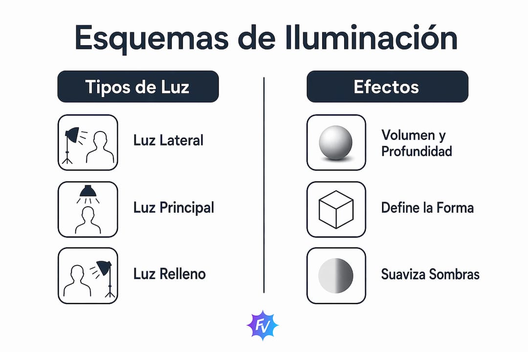 Infografía donde se explican diferentes tipos de iluminación y sus efectos visuales