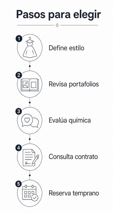 Guía visual con los pasos esenciales para escoger al fotógrafo ideal para tu boda