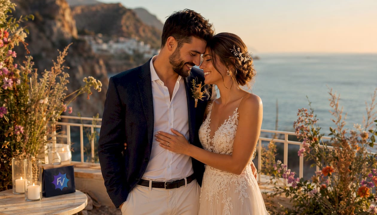 Una pareja celebra su boda al aire libre en la playa, bañados por la cálida luz del atardecer en Almería.