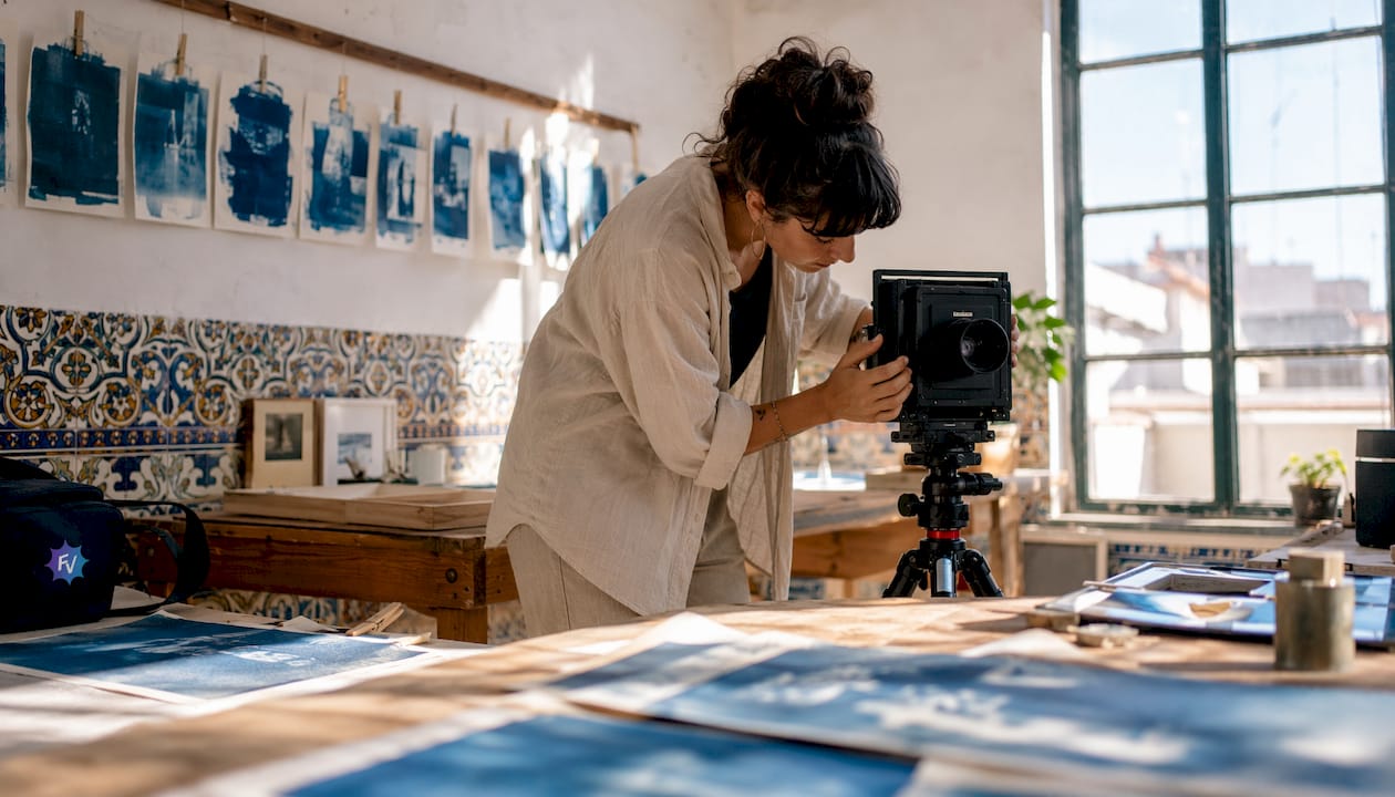 Fotógrafo alternativo preparando su cámara en un estudio de Almería.