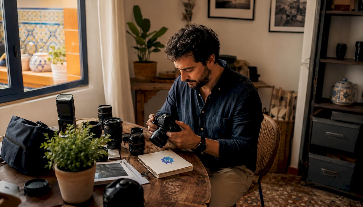 Un fotógrafo profesional prepara y revisa su equipo antes de una sesión en el estudio.
