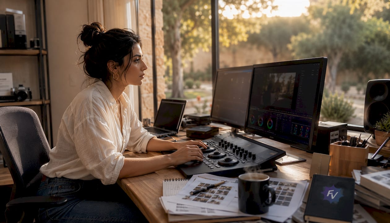 Un videógrafo trabaja en la edición de imágenes en su estudio de Almería.