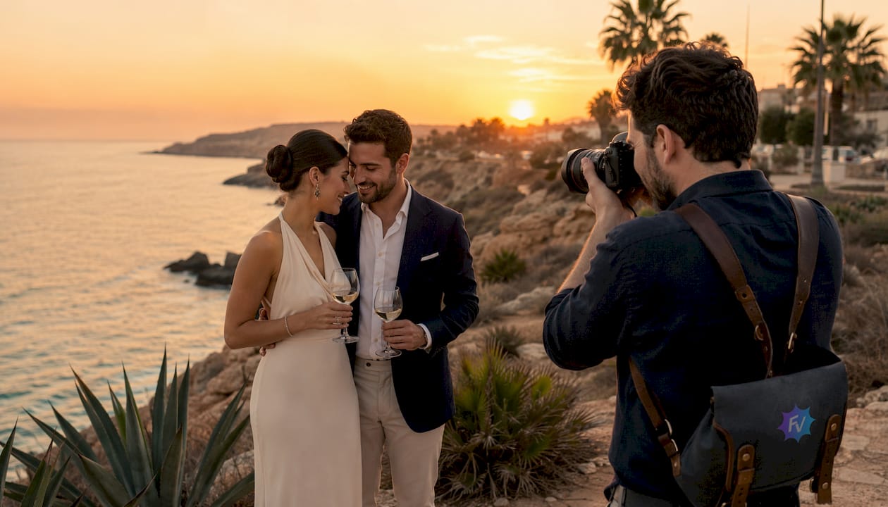 Sesión fotográfica de pareja en la playa al atardecer en Almería