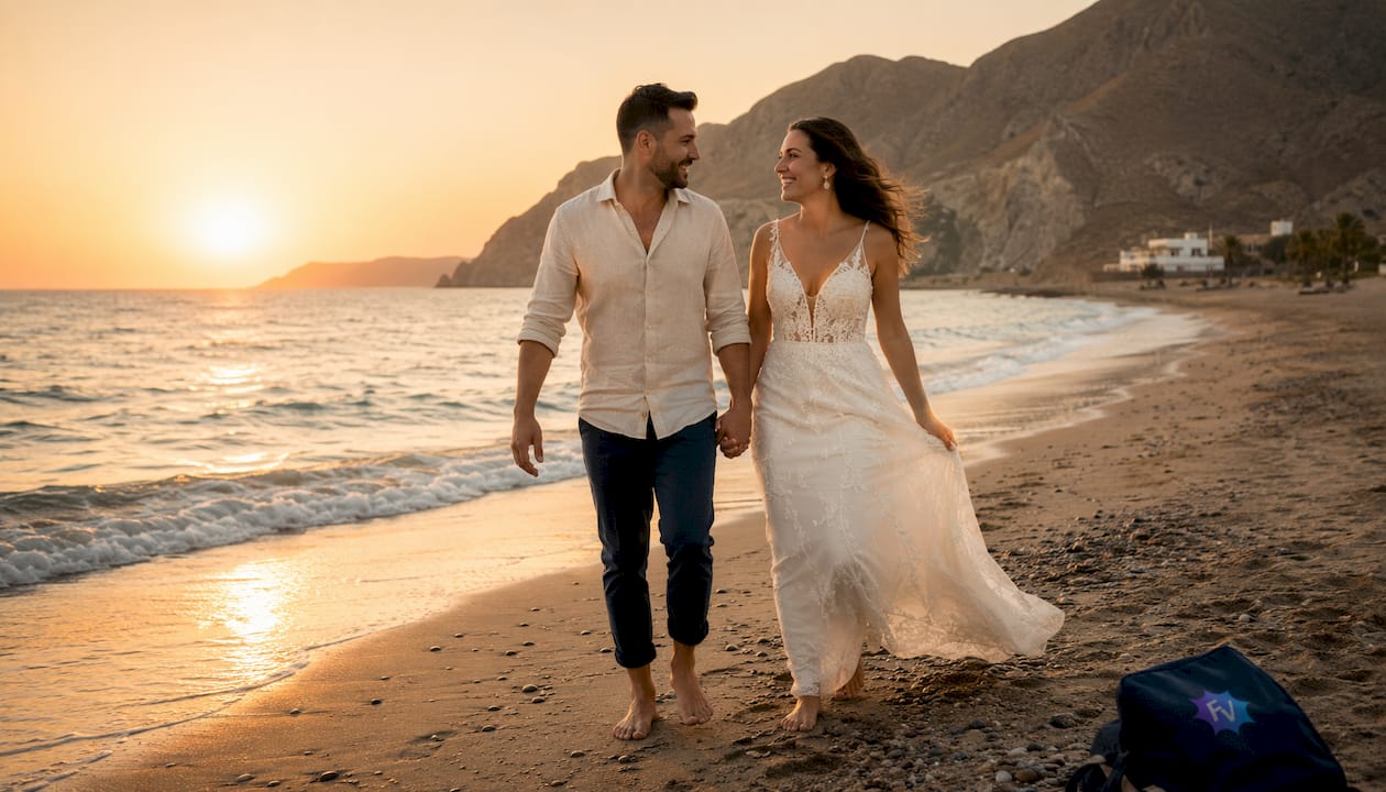 Una pareja pasea por la playa de Almería mientras el sol cae y tiñe todo de tonos dorados.