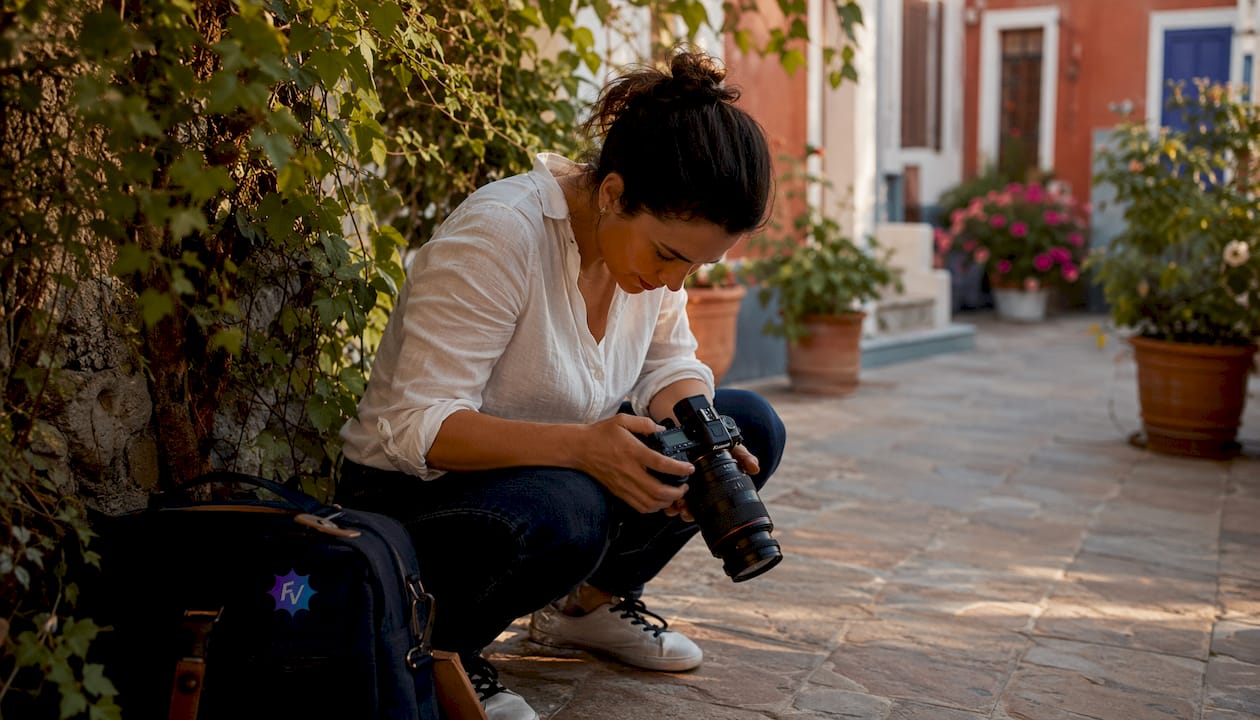 Un fotógrafo se prepara para tomar fotos en una calle de Almería.