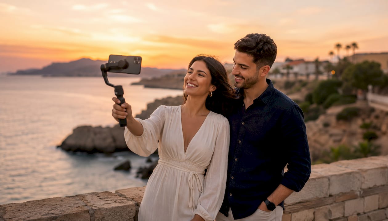 Una pareja se graba en vídeo mientras disfruta de la playa en Almería.