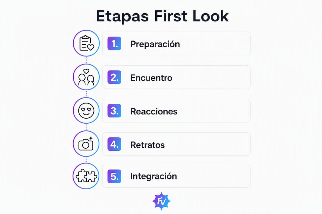 Infografía con los momentos más importantes del primer encuentro de los novios en la boda