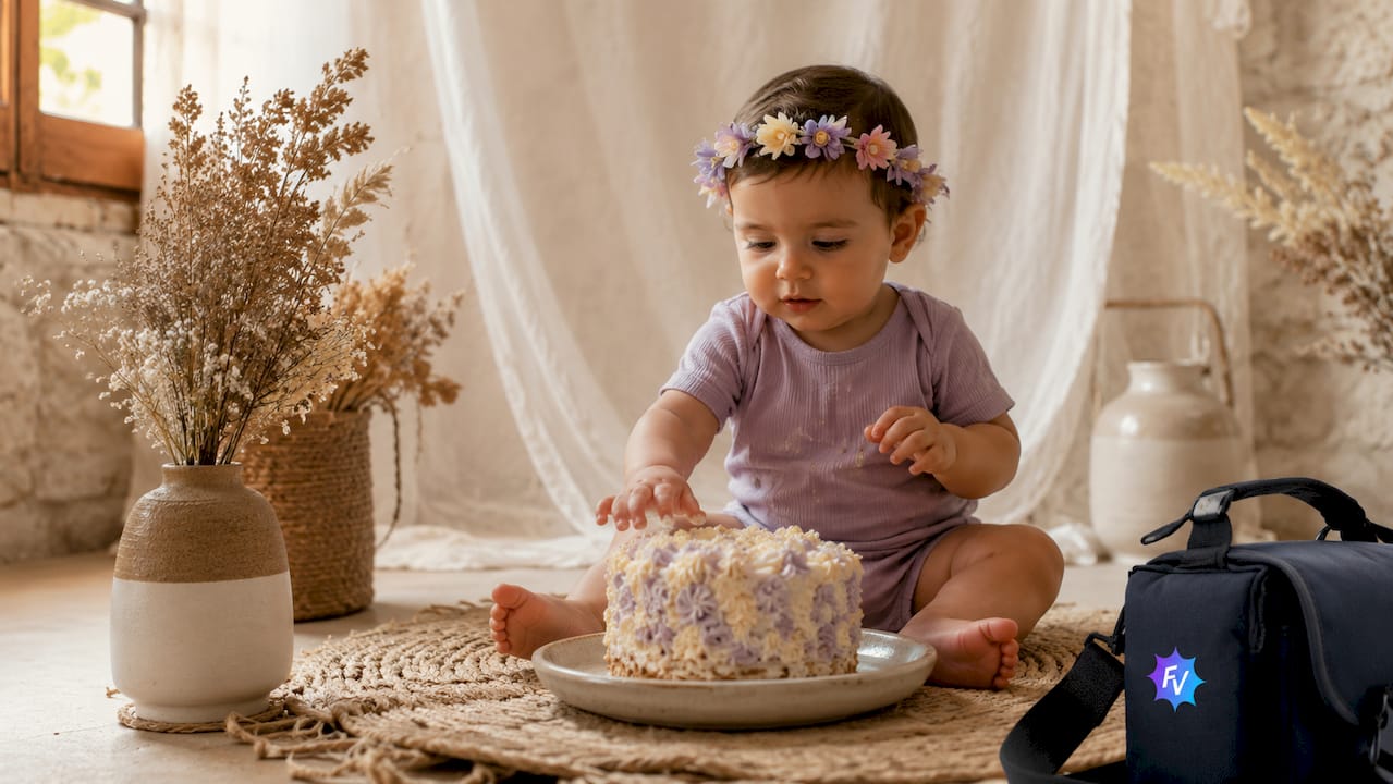 Sesión de fotos smash cake con un delicado toque floral