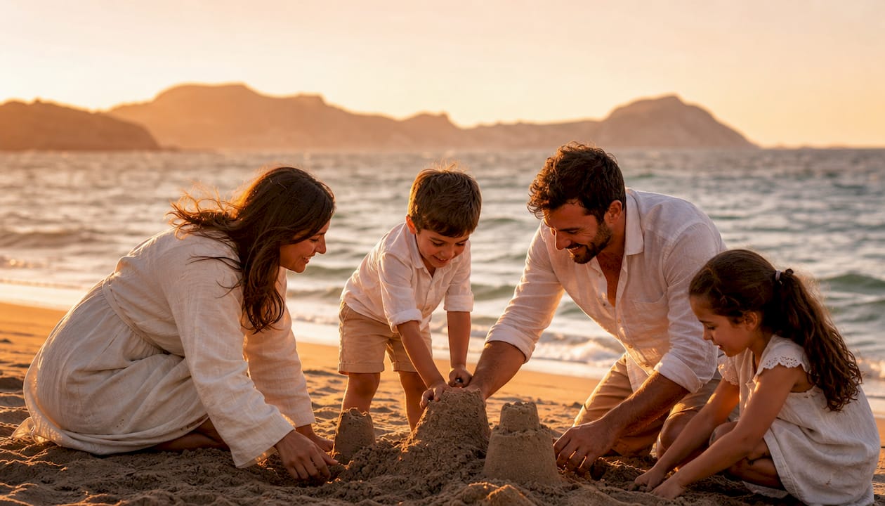 Foto familiar de la comunión en una playa soleada de Almería