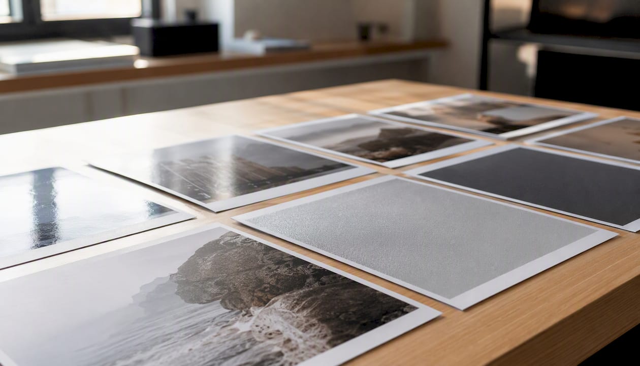 Muestras de acabados de papel fotográfico sobre la mesa
