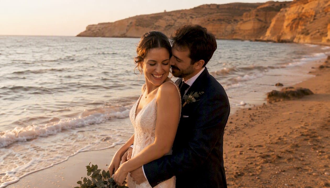 Sesión de fotos de novios aprovechando la luz mágica del atardecer