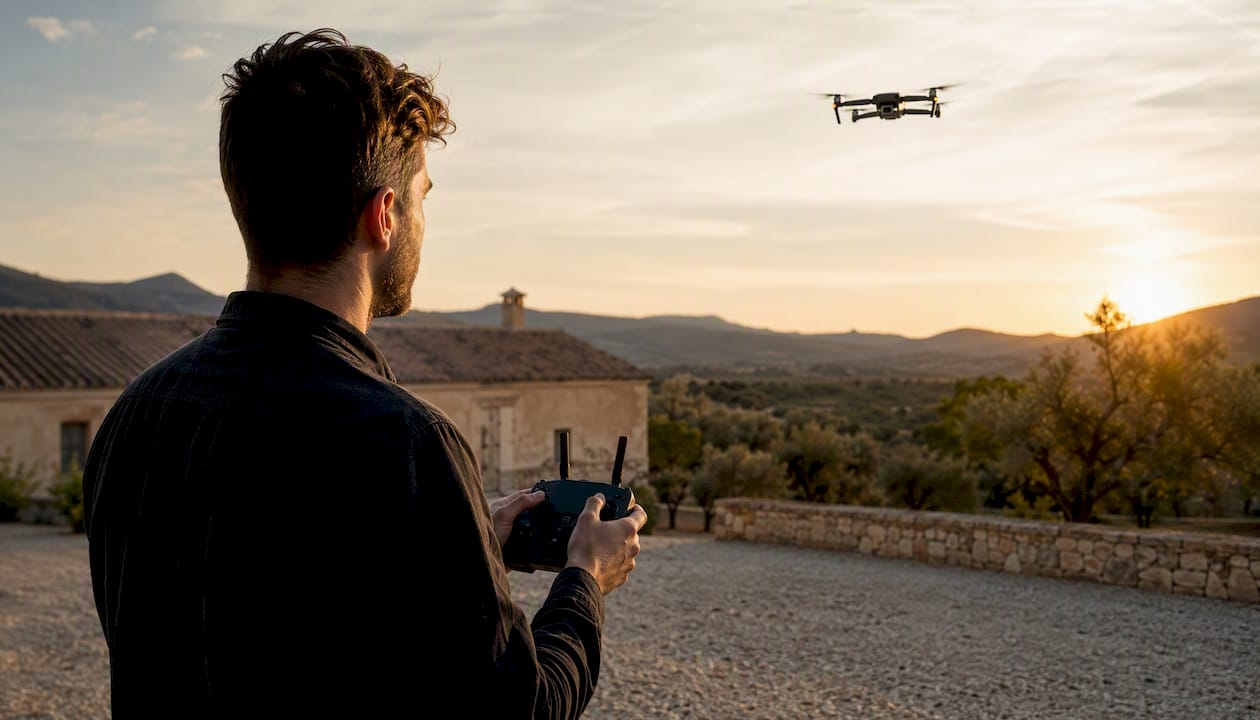 Operador de cámara grabando tomas aéreas con dron sobre una finca en Almería