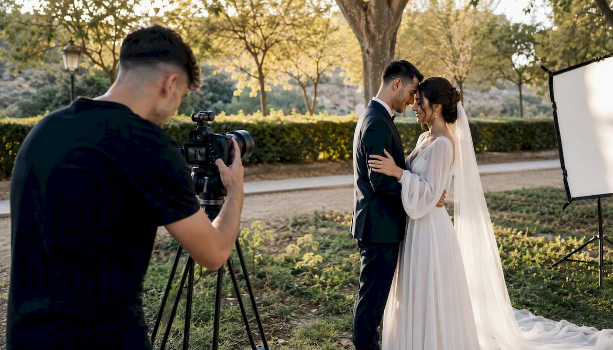 Un videógrafo capturando los momentos de una pareja durante su boda en Almería.
