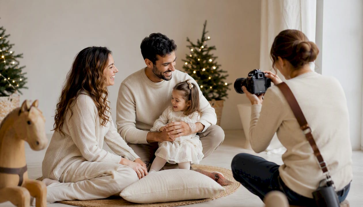 Sesión de fotos navideña en familia en estudio