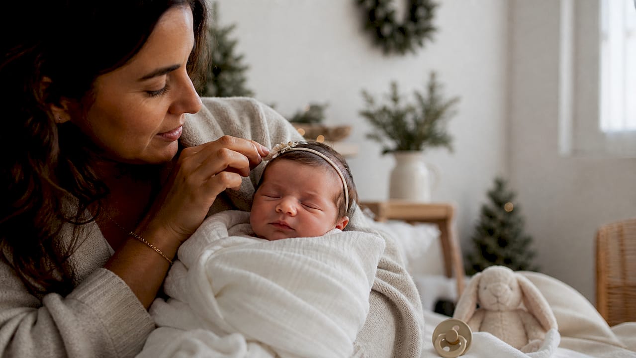 Mamá lista con su bebé recién nacido para la sesión de fotos