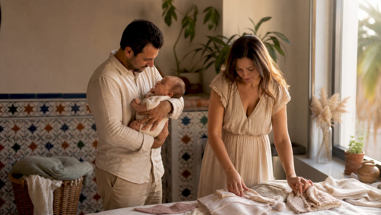 Papás ultimando detalles para la sesión de fotos de su recién nacido en un estudio de Almería