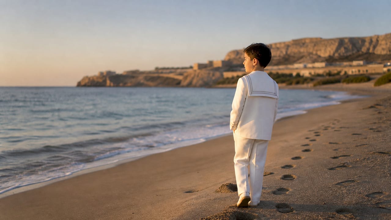 Fotografía de un niño celebrando su primera comunión en la Alcazaba de Almería