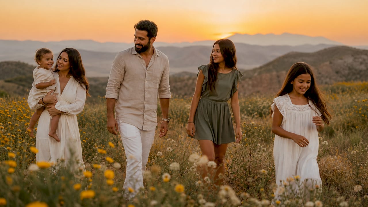 Una familia posa en el patio de Almería, luciendo conjuntos en tonos neutros perfectamente combinados.