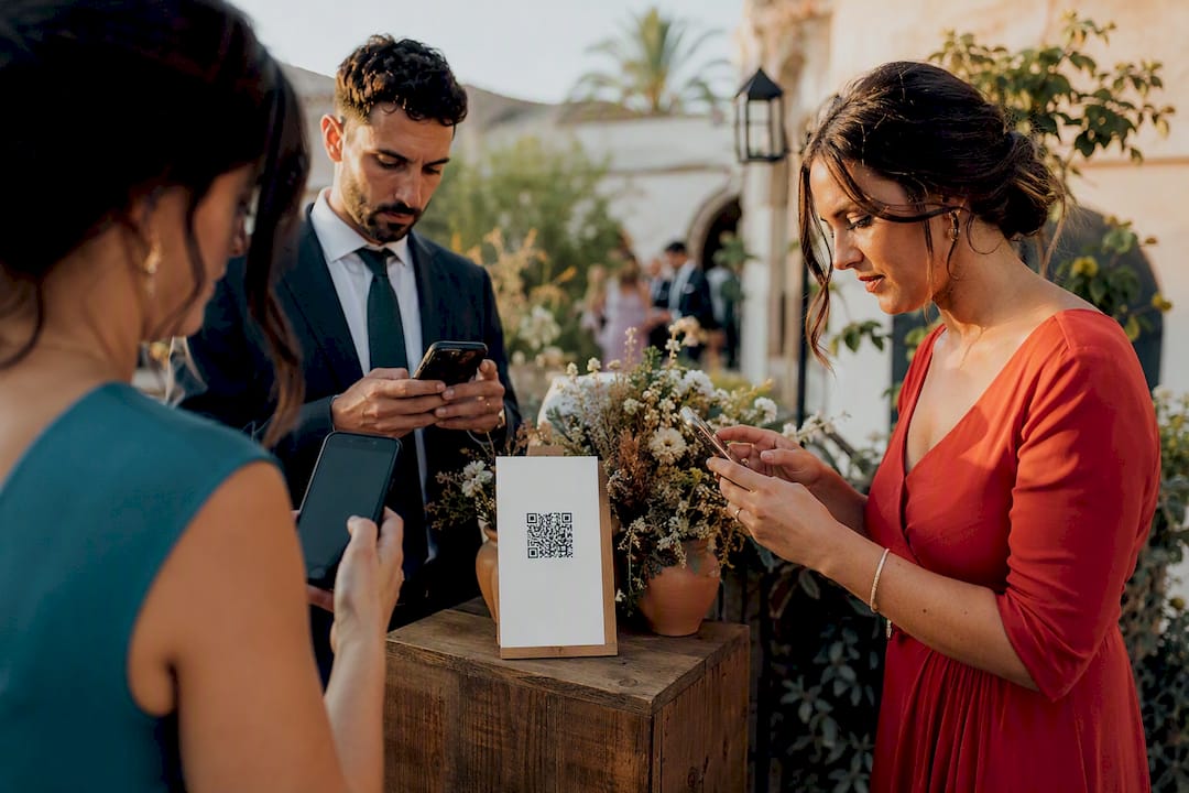 Invitados escaneando código QR en banquete de boda en Almería