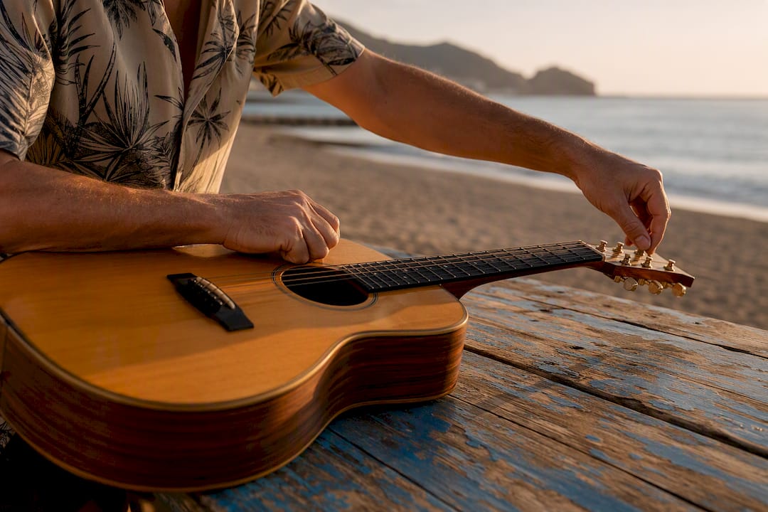 Manos afinando una guitarra en el cóctel de una boda en la playa