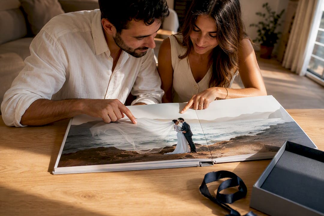 Pareja revisando una doble página del álbum