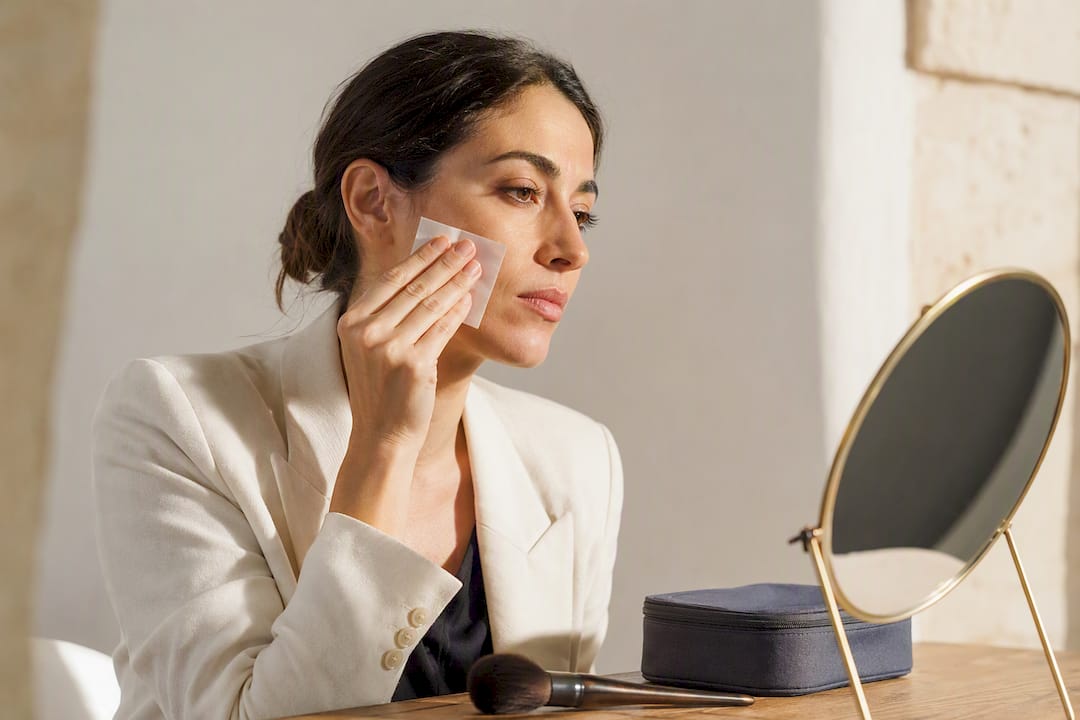 Mujer ajustando el brillo antes del retrato