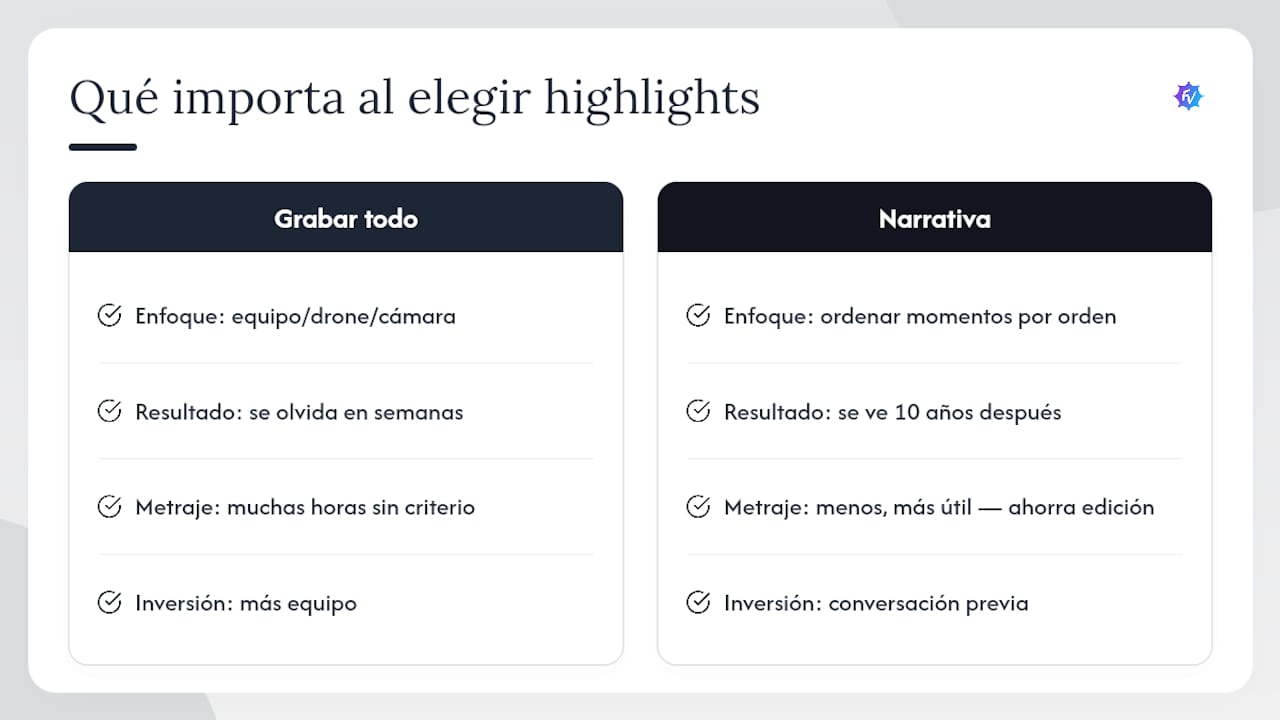 Lo que de verdad importa al elegir un resumen highlights boda — overview diagram