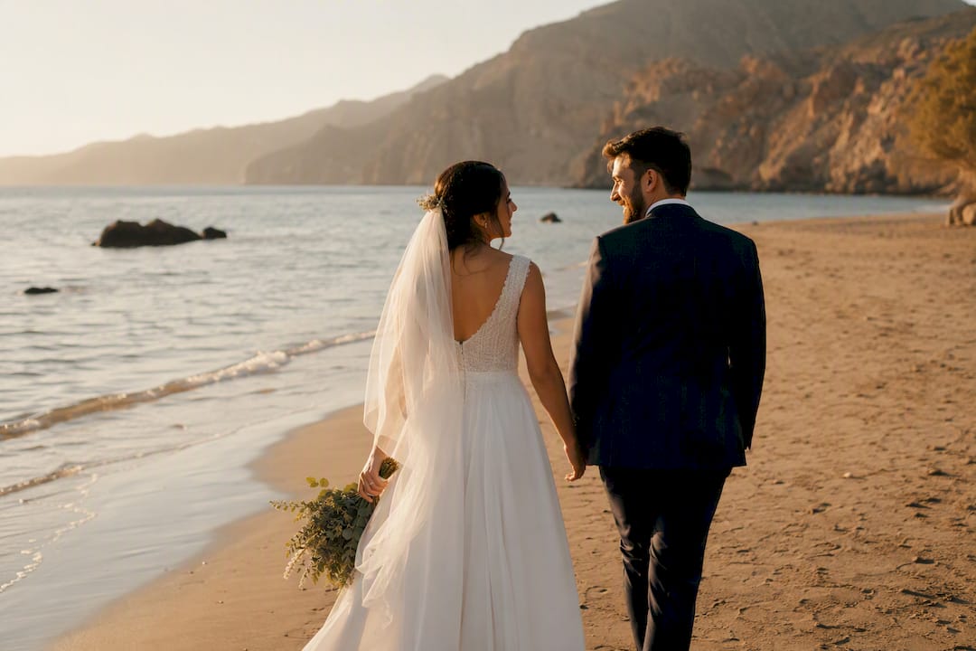 Pareja de recién casados caminando de forma espontánea en Almería