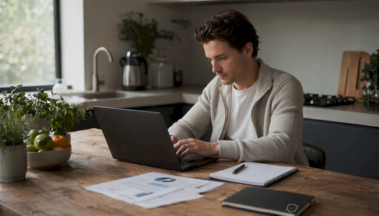 Iemand zit achter de computer aandachtig webshop-veiligheidsdocumenten door te nemen en te controleren.