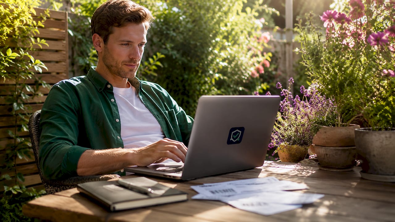Man opent zijn mail aan het bureau en ziet een uitnodiging om een review achter te laten