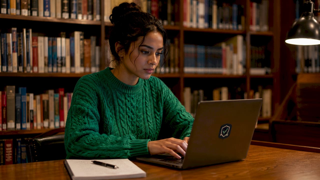 Vrouw schrijft boze e-mail aan klantenservice terwijl ze in koffietentje zit