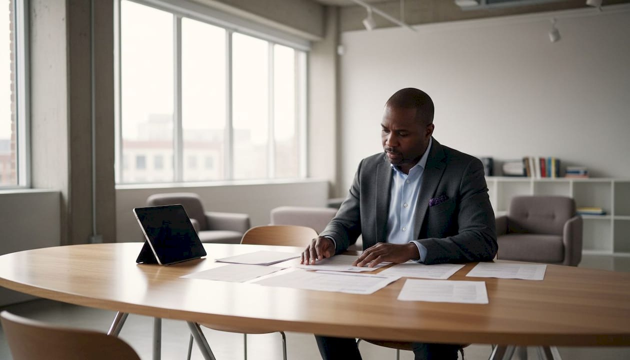 Hands typing with resumes in staffing office