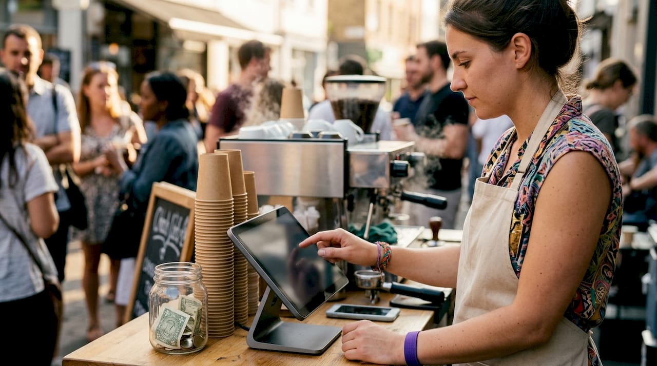 Barista operating entry-level POS device at café counter