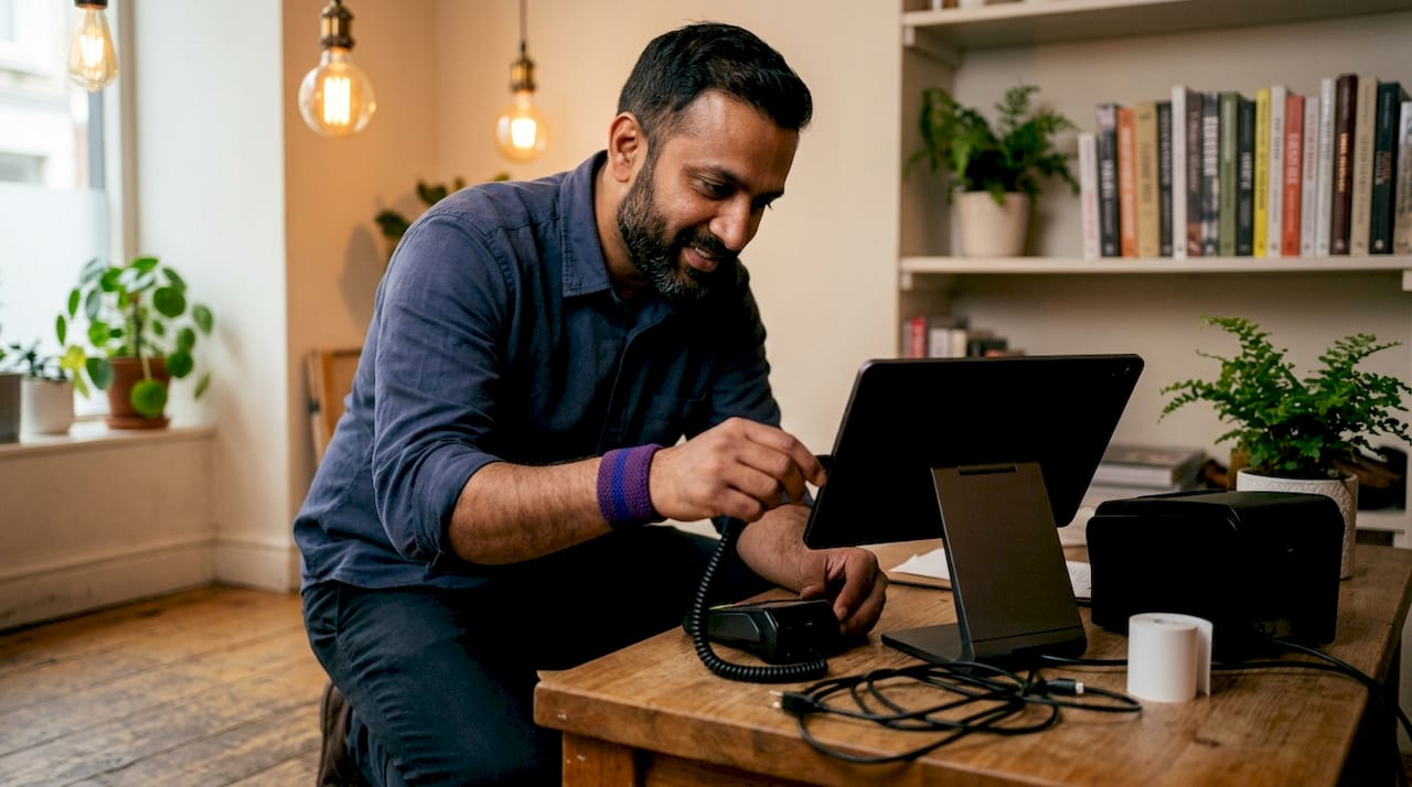 Hands assembling POS payment hardware in restaurant kitchen