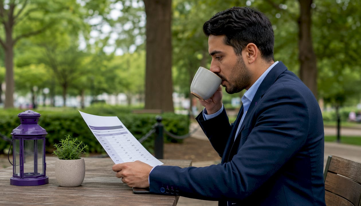 Restaurant owner reviewing pricing comparison outdoors