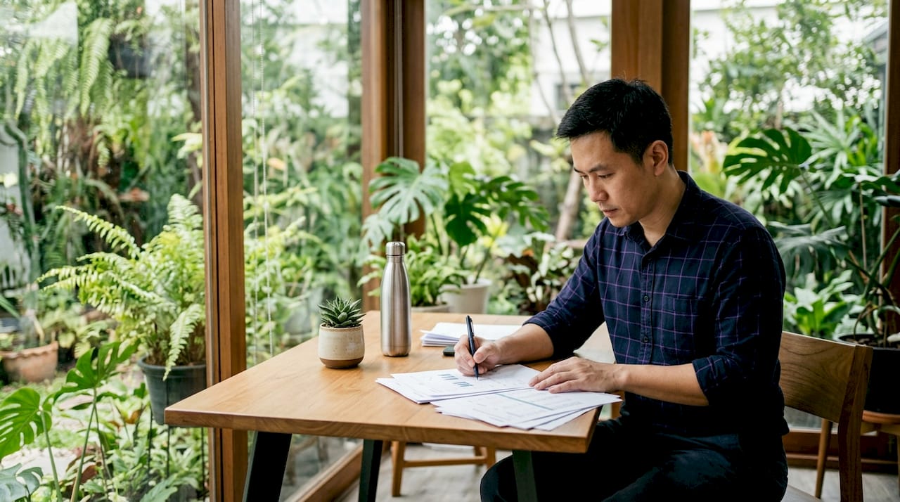 Man reviewing credit repair business documents in office