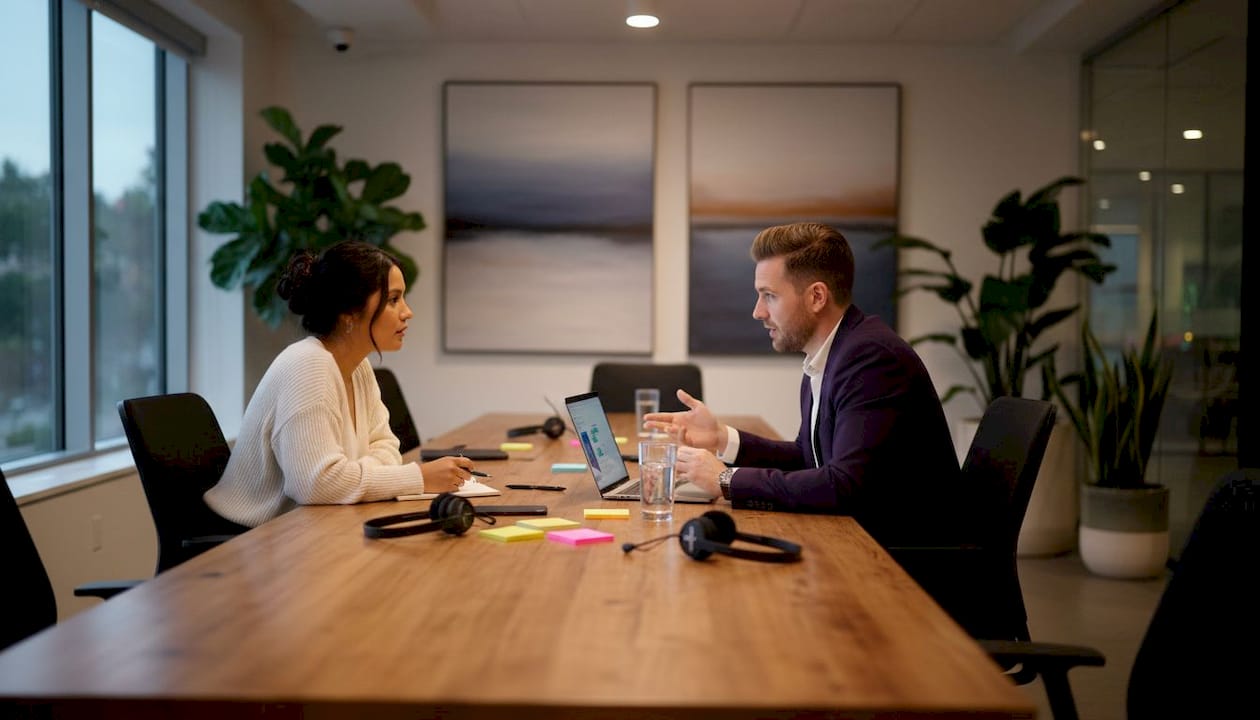 Team collaborating with business VoIP tools in meeting