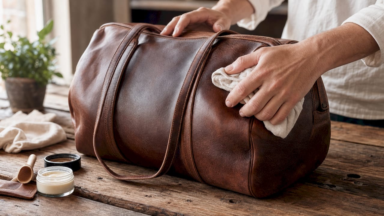 Hands conditioning worn full-grain leather briefcase