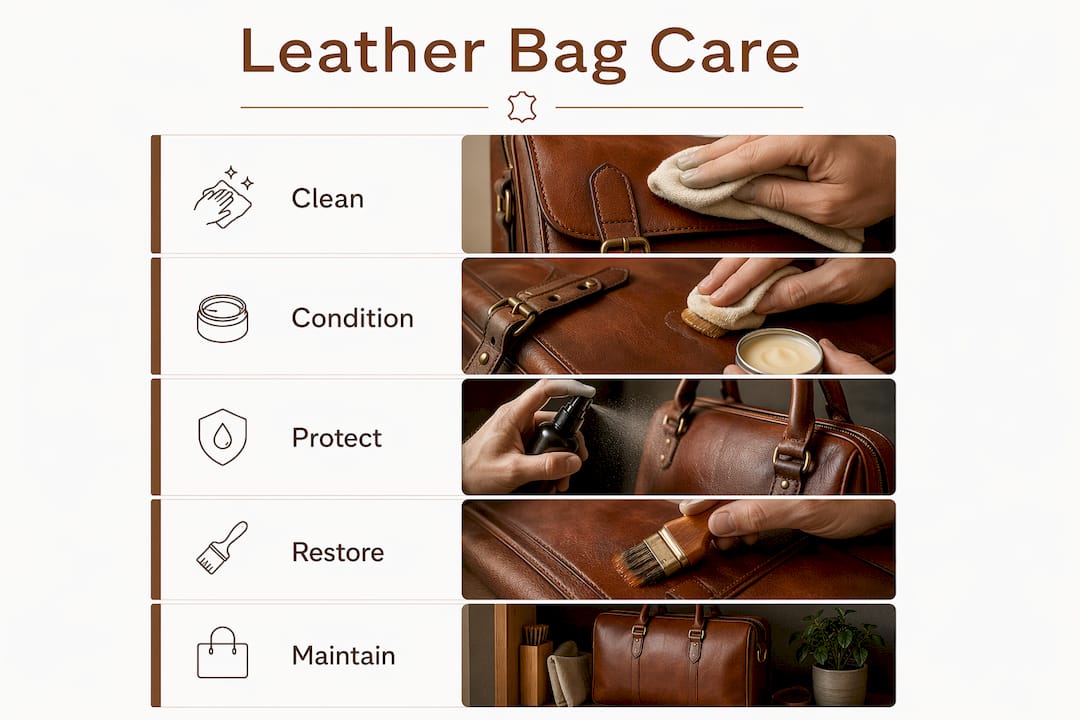 Infographic of leather bag care and restoration steps