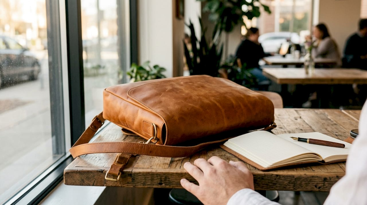 Leather messenger bag on café table with devices