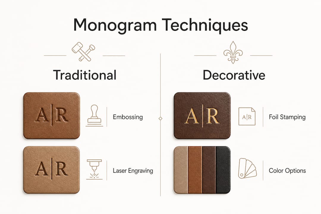 Infographic comparing leather monogramming techniques and styles