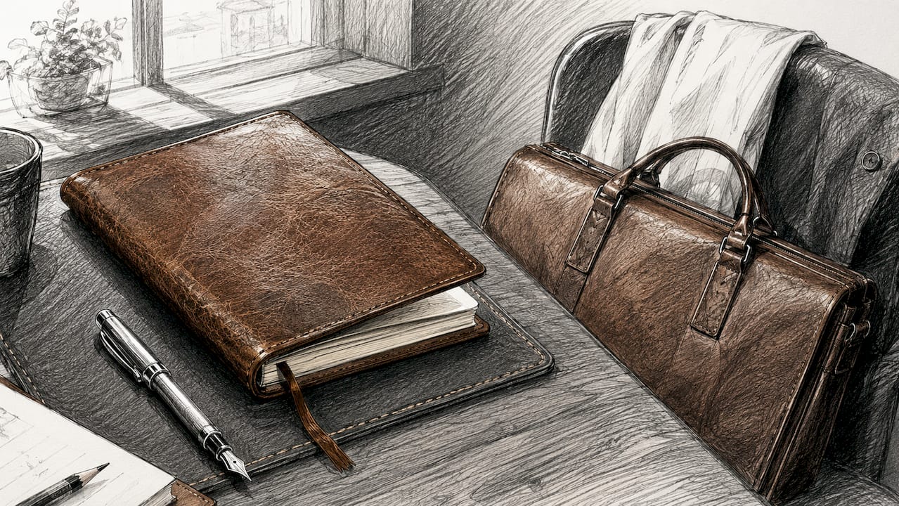 Tan full-grain refillable notebook on office desk with pen
