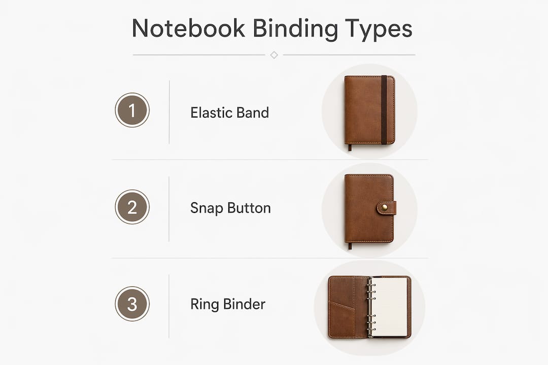 Infographic showing three types of refillable notebook bindings