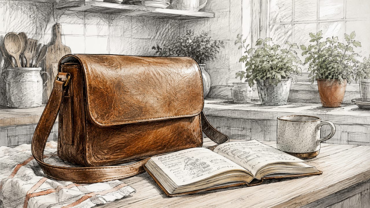 Worn leather messenger bag with dry rot texture close-up