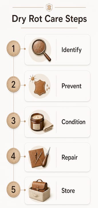 Infographic illustrating dry rot leather care steps