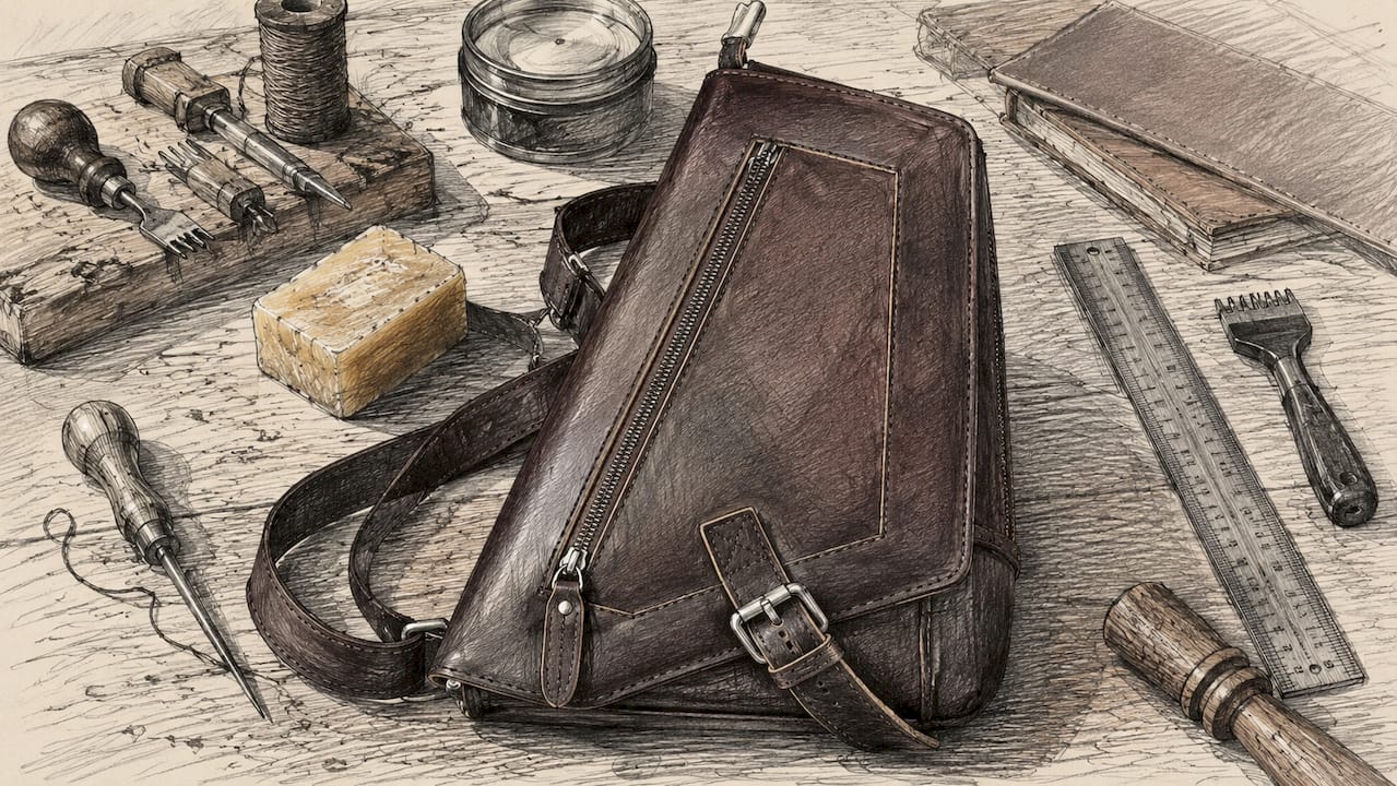 Leather sling bag on craftsman's workbench