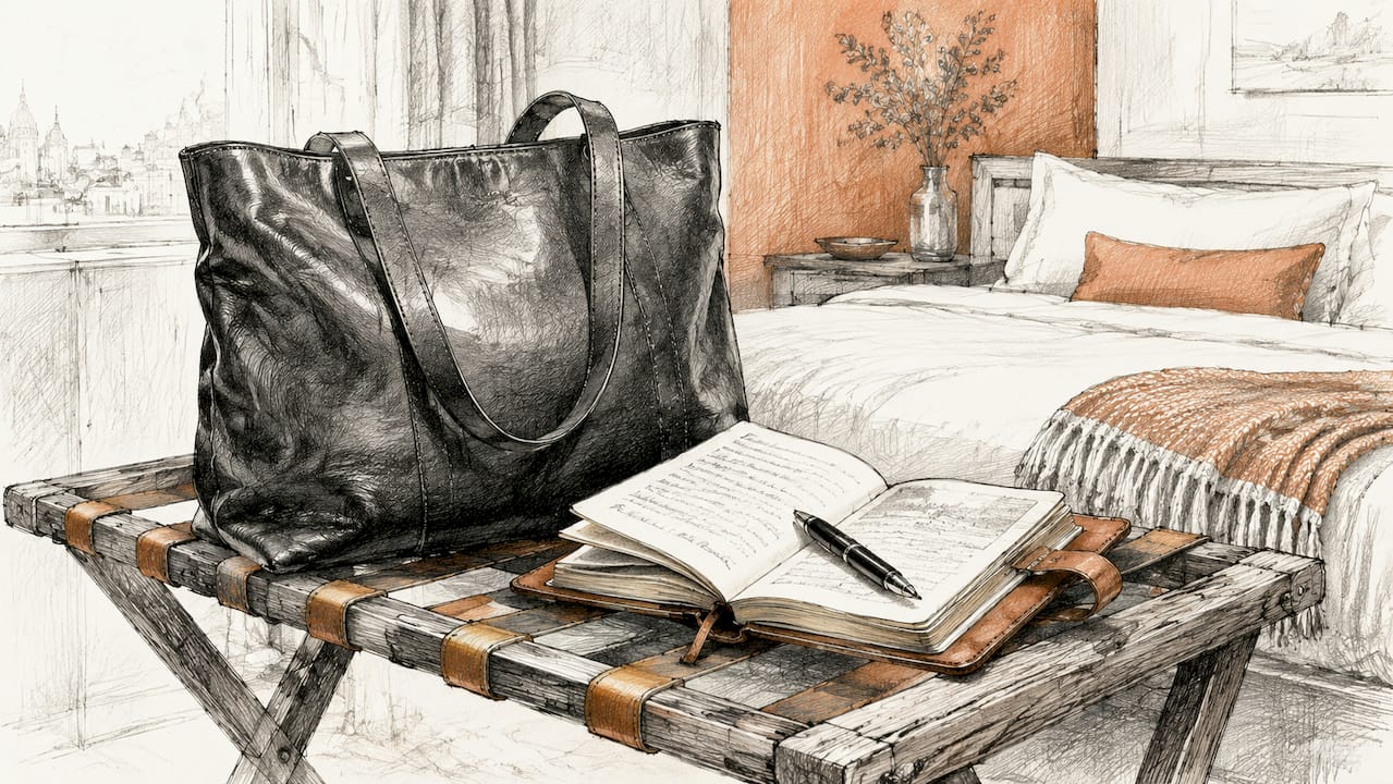 Leather tote with journal in hotel room
