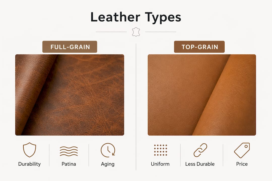 Infographic comparing leather types for totes