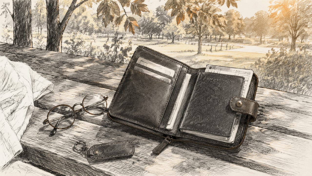 Open passport wallet on café table